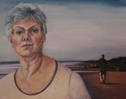 Self Portrait (Memory of walks with my father on the beach), oil on board, 16 inches by 20 inches